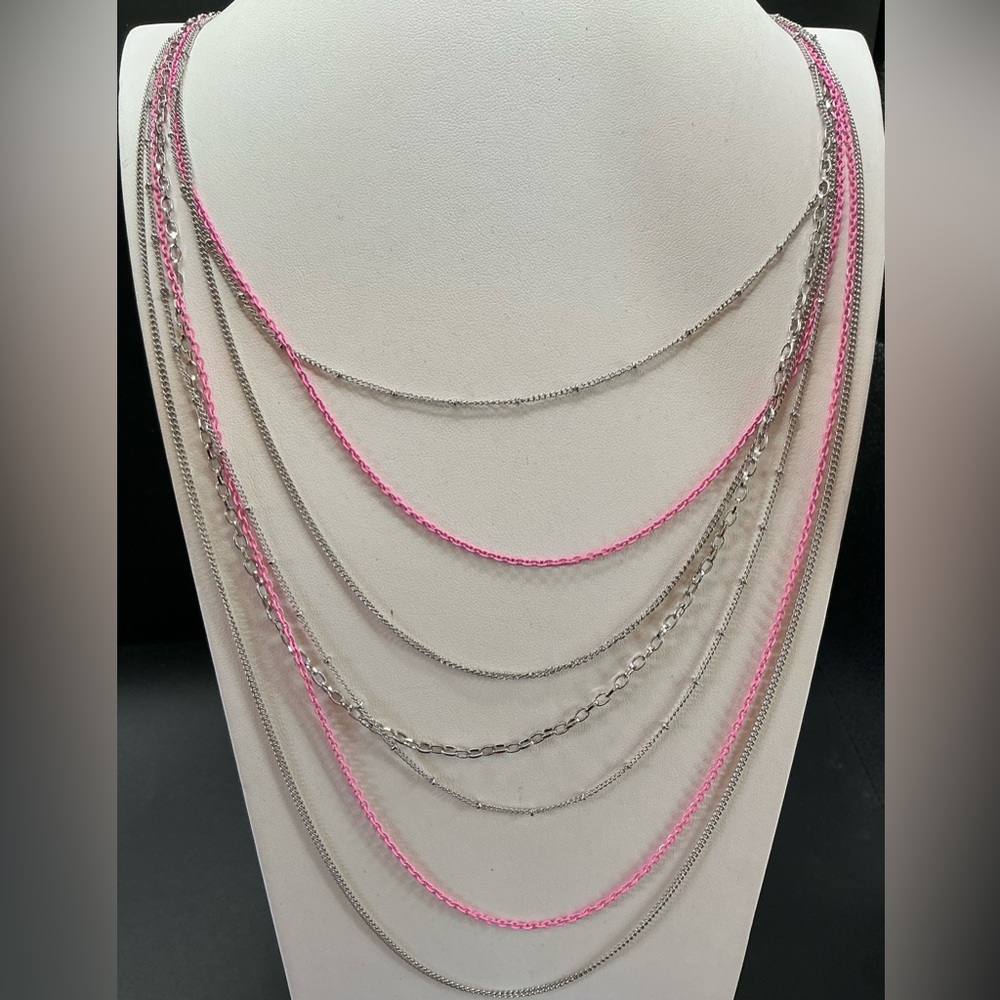 EXTRA LONG MULTI LAYERED SILVER TONE PINK CHAIN NECKLACE